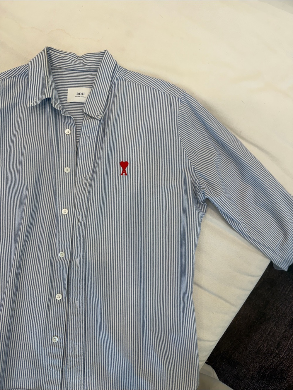 Ami Light Blue & White Pinstripe Shirt with Red Heart Patch